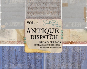 Antique Dispatch v1 - MEGA BUNDLE Paper Pack 100 pagine 1865 American Documents Ledger Script Grunge Textured Damasco Sfondo Junk Journal