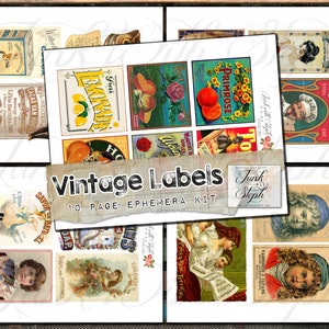 Étiquettes vintage - 10 pages d'éphémères - plus de 40 ans, Français vintage sur le thème de coupes difficiles, lot d'embellissements encadrés imprimables numériques éphémères