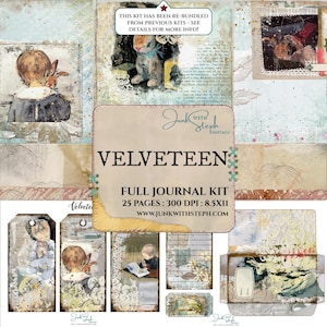 Velveteen - FULL JOURNAL KIT - Lebendige Shabby Chic Blau Weiß Mixed Media Damast Hase Ostern Vintage texturierte Junk Journal Hintergrundseiten