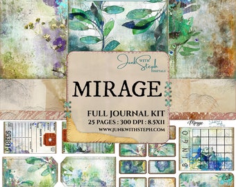 Mirage -FULL JOURNAL KIT- Vibrant Mixed Media Watercolor Teal Blue Green Floral Leaves Collage Vintage Textured Junk Journal Background Page