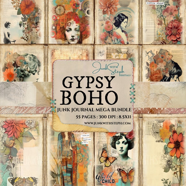 Gypsy Boho - 55 Page MEGA BUNDLE KIT - Vibrant Bohemian Eclectic Whimsical Colorful Words, Textured and Patterned Ephemera and Backgrounds