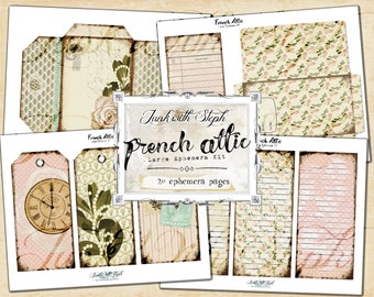 Franse zolder: GROTE Ephemera Kit - 20 Ephemera Pagina's - Shabby Chic Floral Vintage Scrapbook Junk Journal Ticket Indexkaarten Tags Envelop