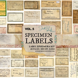 May include: A collection of vintage specimen labels, with a variety of fonts and styles. The labels are printed on aged paper and have a distressed look. The labels are perfect for scrapbooking, card making, and other craft projects.