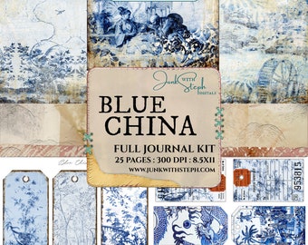 Blue China - FULL JOURNAL KIT - Super Grunge asiatischen Collage Masterboard Vintage texturierte Junk Journal Hintergrund Seiten und Ephemera Bits blau