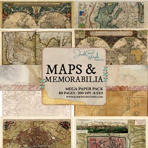 Peut inclure: Un assemblage de cartes anciennes et de souvenirs historiques, présentant divers styles cartographiques. L'image comprend une étiquette centrale avec le texte "MAPS & MEMORABILIA" et des détails sur le pack de papier.
