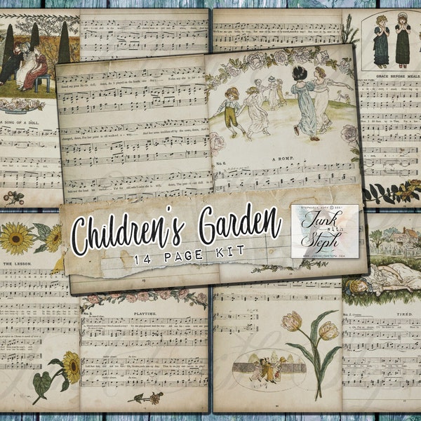 Children's Garden: 14 double pages A beautifully illustrated children's musical pages book scanned copyright 1881 super vintage Junk Journal