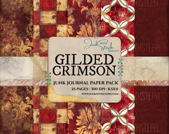 Papel de diario Junk color carmesí dorado: texturas de acuarela, damasco, rojo, gris y dorado (descarga digital)