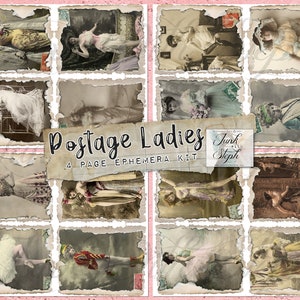 Frais de port pour dames - 4 pages de 4 chacune, 16 dames vintage avec des timbres postaux sur un kit de cartes de journalisation déchirées au format carte