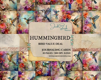 Bird DEAL - HUMMINGBIRD -10 Pages of Journaling Card mixed media collage vibrant portrait ephemera junk journal scrapbook floral birds