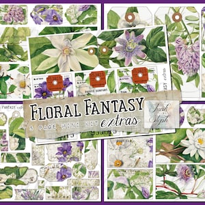 EXTRAS Floral Fantasy - Mini kit de 5 pages, étiquettes pour cartes postales de billets et éphémères magnifiquement remplis de fleurs pleines de couleurs ! Violet