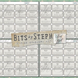 Bits by Steph - 12 Ephemera Seiten mit 415 einzelnen Labels. Wörter, Definitionen und kurze inspirierende Sätze. für Junk Journal, Scrapbooking Etc