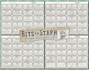 Bits by Steph - 12 Ephemera Seiten mit 415 einzelnen Labels. Wörter, Definitionen und kurze inspirierende Sätze. für Junk Journal, Scrapbooking Etc