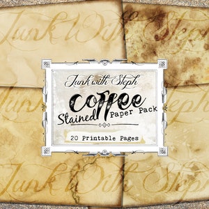 Paquete de papel: teñido de café: 20 páginas con fondos grunge teñidos y manchados, cubierta de diario basura, kit de descarga instantánea para impresión digital desgastada