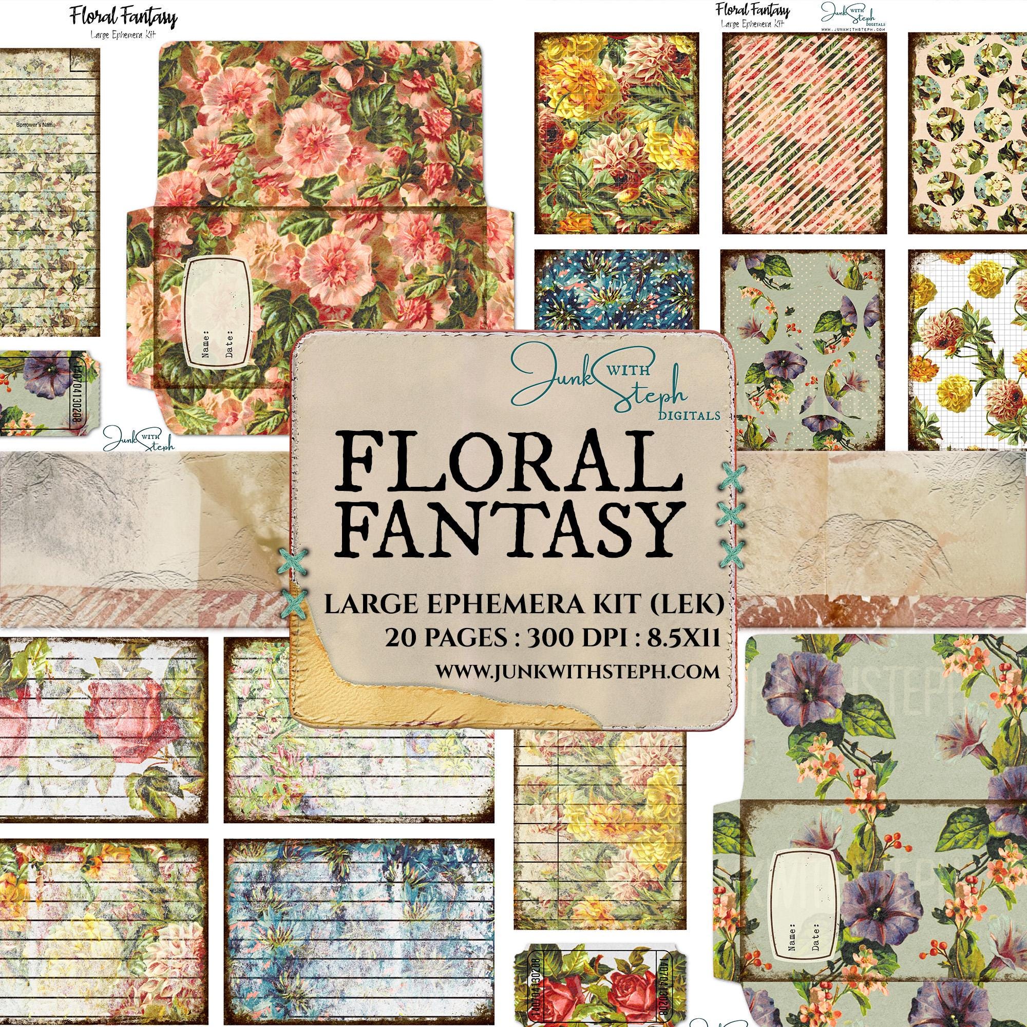 Floral Fantasy: LARGE Ephemera Kit - 20 Ephemera Pages - Flowers Vibrant Colorful Scrapbook Junk Journal Ticket Index Cards Tags Envelope