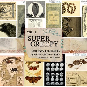 Super Creepy - Vol. 1, 25 páginas con temas de Halloween y otoño ADVERTENCIA Imágenes gráficas Efímeras Portada de diario Diario basura festivo Recortes quisquillosos