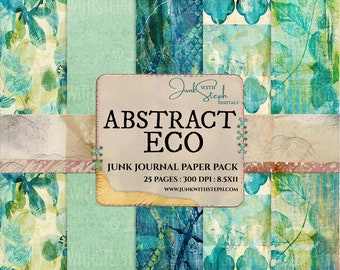 Abstract Eco -25 Page Journal Paper Pack Digital Printable Kit Instant Download Background Junk Journal Eco Print Embossed Blue Green Yellow