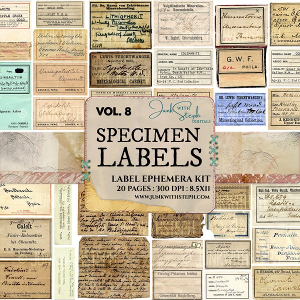 Specimen Labels - Vol. 8 with 20 pages, over 150 separate GENUINE OLD VINTAGE labels specimen scans grunge Junk Journal Scrapbooking Etc