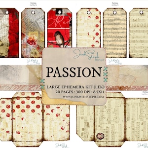 Op de afbeelding: Een digitale scrapbookingkit met 20 pagina's vintage-stijl ephemera. De kit bevat afbeeldingen van muziekbladen, rode stippen en een vogel op een tak. De kit heeft de titel "Passion" en is verkrijgbaar in een grote maat, 8,5 x 11 inch, met 300 DPI. De kit is verkrijgbaar bij Junk With Steph Digitals.