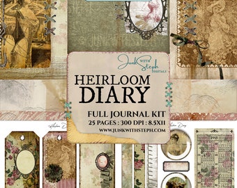 Heirloom Diary- FULL JOURNAL KIT - Highly detailed Vintage Shabby Chic Burgundy Damask Textured Mixed Media Pattern Background Junk Journal