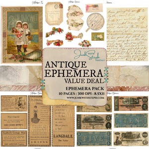 May include: A collage of antique ephemera, including vintage postcards, illustrations, and currency. The collection features a variety of designs, such as children, flowers, and handwritten letters. The text "Antique Ephemera Value Deal" is displayed prominently.