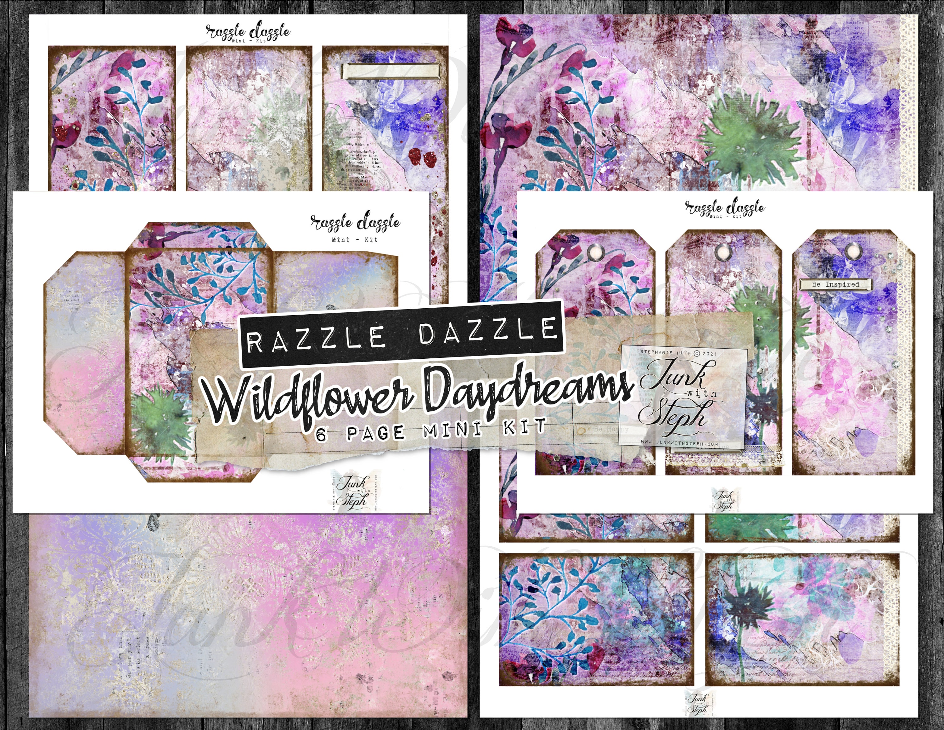 Wildflower Daydreams Collection - "Razzle Dazzle" Mini Junk Journal Kit 6 Seiten, 2 bunte Hintergründe und 4 passende Ephemera! Mischtechnik