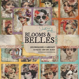 Blooms & Belle's - 15 pages de cartes de journalisme de style ATC, déchirées, techniques mixtes, avec portraits éphémères de scrapbooking pour journal floral