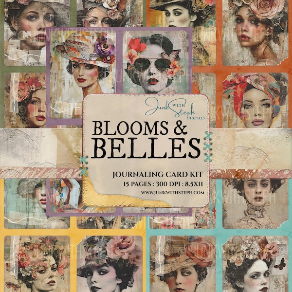 Blooms & Belle's - 15 Pages of Mixed Media Ripped ATC Style Journaling Cards featuring portraits ephemera junk journal scrapbooking Floral