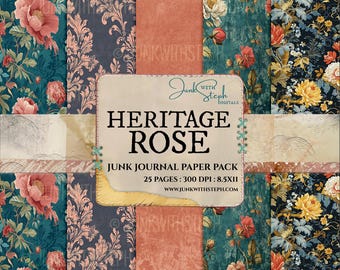 Paquete de papel para diario Heritage Rose: Papel pintado vintage shabby chic con estampados florales (descarga digital)