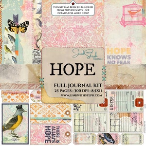 Hope - KIT COMPLETO DIARIO - Collage damascato con tecnica mista vibrante, Masterboard, sfondo vintage con texture, pagina di diario spazzatura, uccello blu, arancione e rosa