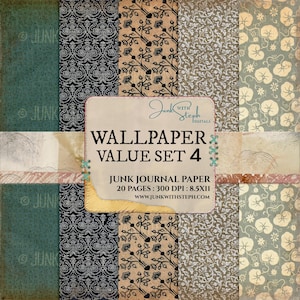 Paquete de papel: Papel tapiz - Juego 4 - Fondo de 20 páginas DESCARGA INSTANTÁNEA Fondos de pantalla vintage imprimibles y sujetalibros sucios Diario basura Azul Verde