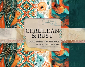 Paquete de papel con estampados cerúleos y óxido: 25 fondos naranja y verde azulado sin costuras (descarga digital)