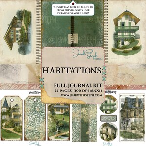 Woningen - VOLLEDIGE TIJDSCHRIFTKIT - Zeer gedetailleerde vintage groene huizen natuur open boek getextureerde mixed media patroon achtergrond ongewenste dagboek