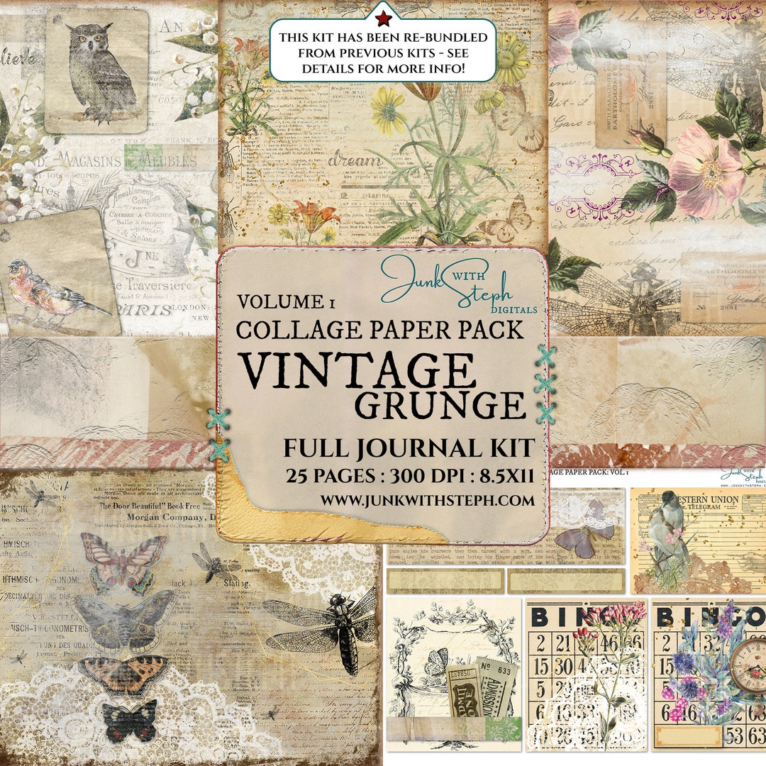 Vintage Grunge Collage Paper Pack: Junk Journal Kit (digital Download ...