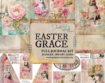 Kit de diario creativo Easter Grace: Conejo Shabby Damask Rosa Azul Vintage (Descarga digital)