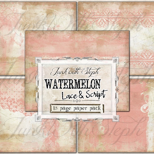 Watermelon - Lace & Script Paper Pack: 15 Page Color Textured patterns Background INSTANT download Printable Junk Journal Page for Scrapbook