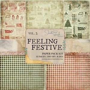 Feeling Festive: Vol. 2 15 XMAS background pages Green GRUNGE Red Damask Christmas Junk Journal matches the Home for the Holidays Bundle Kit