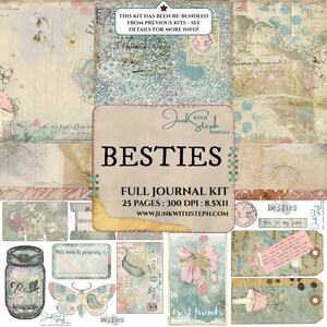 May include: A digital scrapbooking kit with 25 pages, 300 DPI, and 8.5x11 inches. The kit features a variety of images, including flowers, butterflies, mushrooms, and jars. The kit is titled "Bestie's" and includes the text "You're my fave".