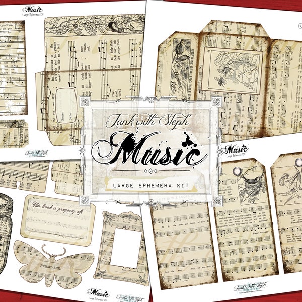 MÚSICA: GRAN Kit de Ephemera - 20 páginas de Ephemera con un tema de notas musicales neutrales para diarios basura, elaboración de sobres de boletos para álbumes de recortes