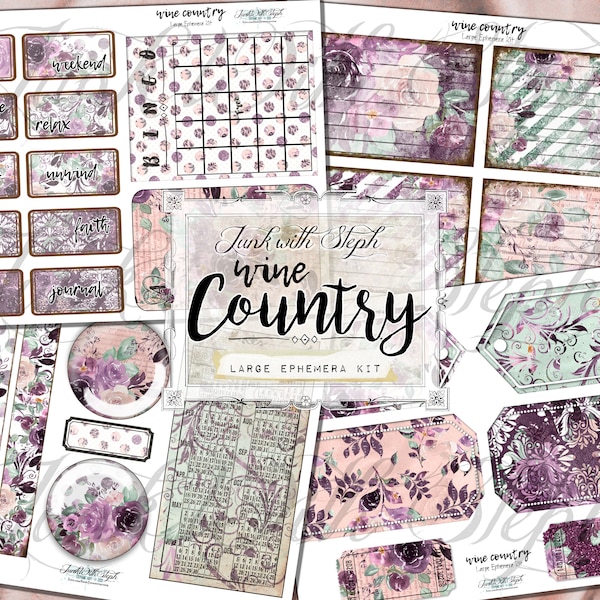 Wine Country: LARGE Ephemera Kit - 20 Ephemera Pages - Purple, Wine, Burgundy, Pink Floral Junk Journal Ticket Index Cards Tags Envelope