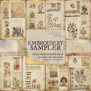 Embroidery Sampler: 15 Vintage Double Pages Fabric Art Textile Illustration Journal Pages (Digital Download)