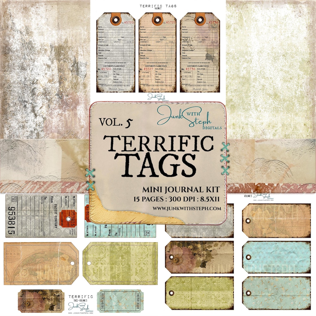 Terrific Tags Vintage Grunge Tag Ephemera: Junk Journal Kit Volume 5 ...