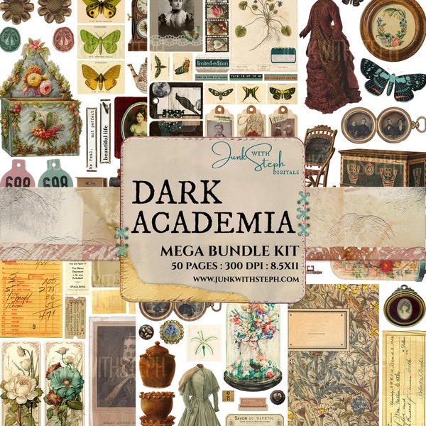 Dark Academia - 50 Page MEGA BUNDLE KIT - Vintage Moody Grungy Romantic Floral Textured and Patterned Antique Ephemera and Backgrounds etc.