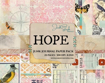 Hope - FULL JOURNAL KIT - Vibrant Mixed Media Damask Collage Masterboard Vintage Textured Junk Journal Background Page Blue Orange Pink Bird