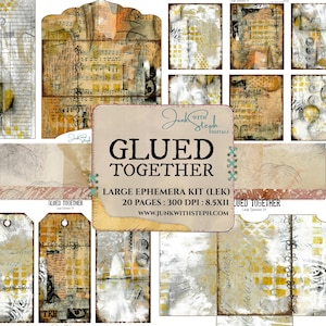Glued together: LARGE Ephemera Kit - 20 Ephemera Pages with Mixed Media Collage theme, Junk Journals Crafting Scrapbooking Tickets Envelopes