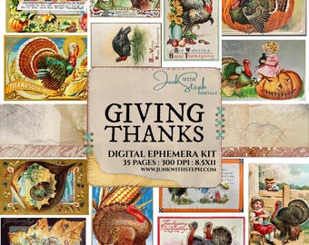 Dando gracias - Recuerdos navideños vintage, 35 páginas de tarjetas para diario de Acción de Gracias (Descarga digital)