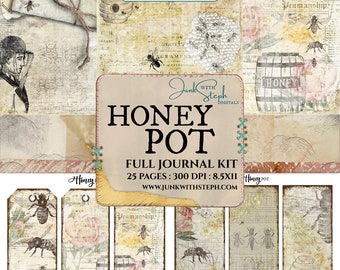 Honey Pot - FULL JOURNAL KIT - Highly detailed Vintage Shabby Chic Bee and Honey, cream Textured Mixed Media Pattern Background Junk Journal