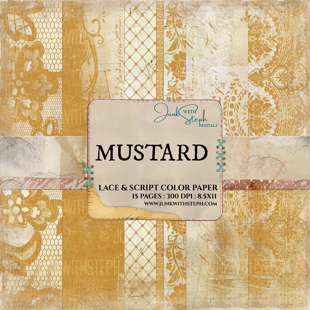 Mustard - Lace & Script Paper Pack: 15 Page Color Textured Patterns ...