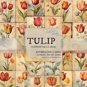 Flower DEAL - TULIPANO - 10 pagine di carta per diario collage di tecniche miste colori vivaci ritratto carta effimera junk journal scrapbook floreale