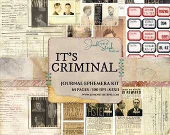 It's Criminal - 65 Page Ephemera kit, Warning Vintage Scans Criminal & Crime related material Mug Shots Evidence Printable Junk Journal Kit