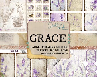 Grace: LARGE Ephemera Kit - 20 Ephemera Seiten mit Lavendel und Lila Thema für Junk Journals Crafting Scrapbooking Tags Tickets Umschläge